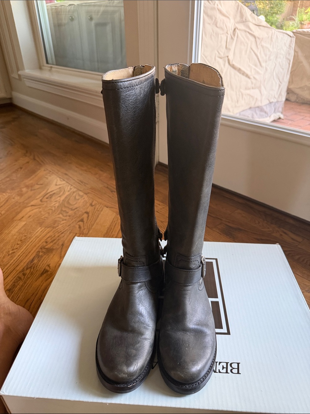 Frye Women’s Tall Leather Riding Boots - black/gray with back zipper